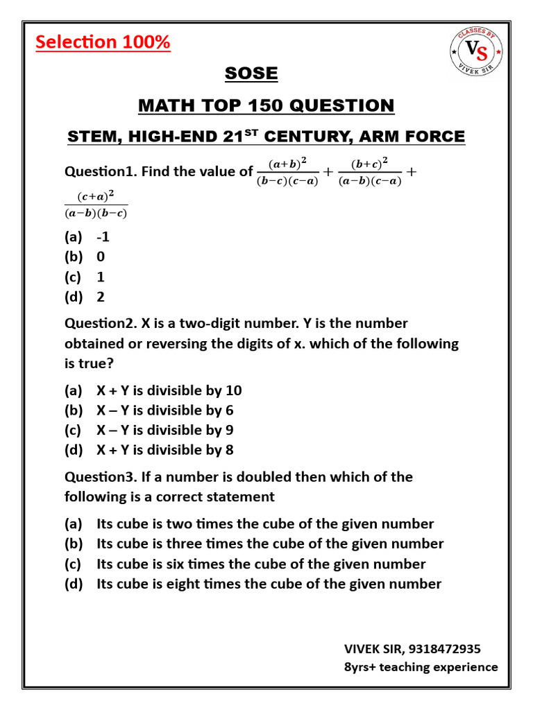 150 Advanced Math Questions and Answers | PDF | Area | Length
