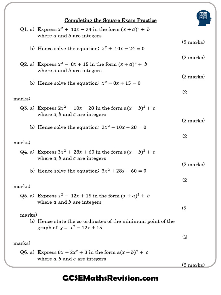 Completing the Square Exam Practice | PDF | Mathematics | Mathematical ...