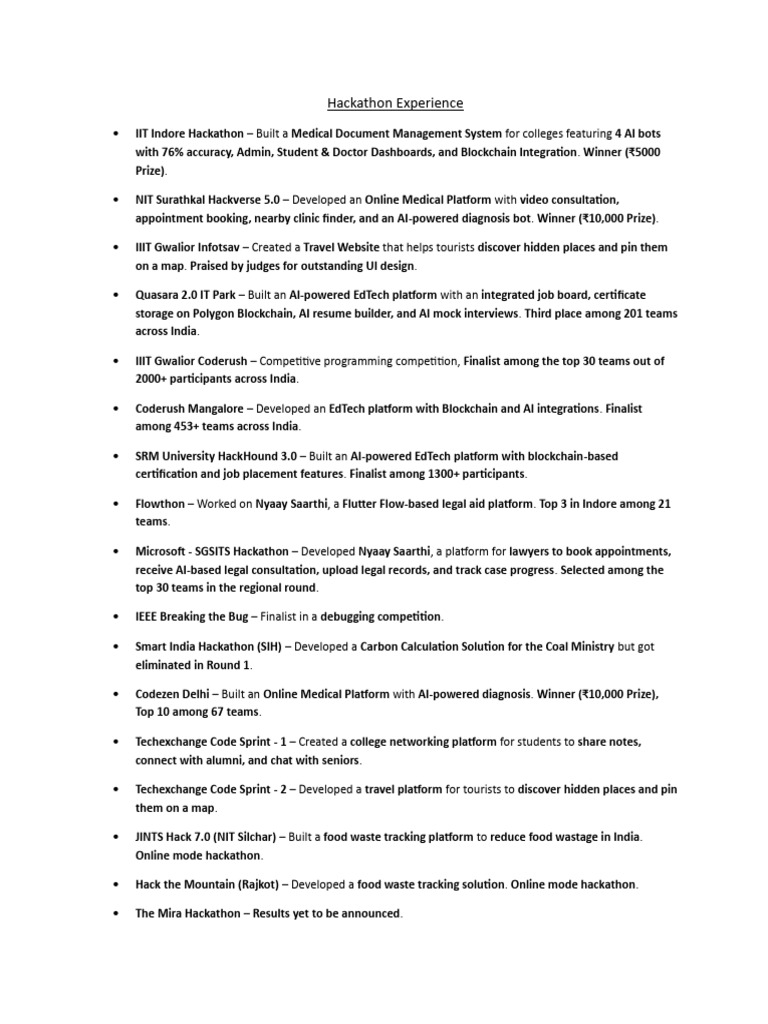 Hackathon Projects and Achievements Summary | PDF | Software ...