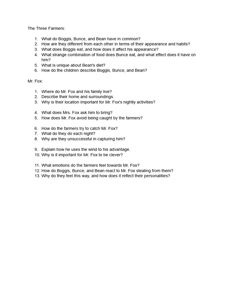 Chapter 1 Questions for Fantastic Mr. Fox | PDF