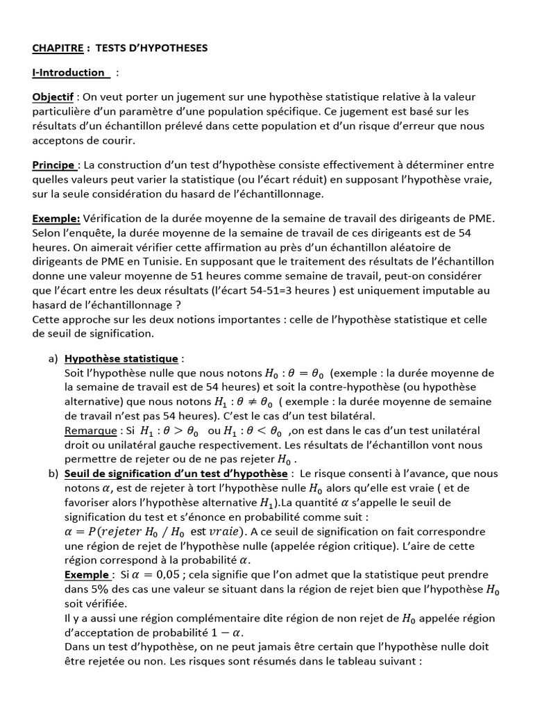 Hypothèses et Tests Statistiques | PDF | Loi normale | Échantillonnage ...
