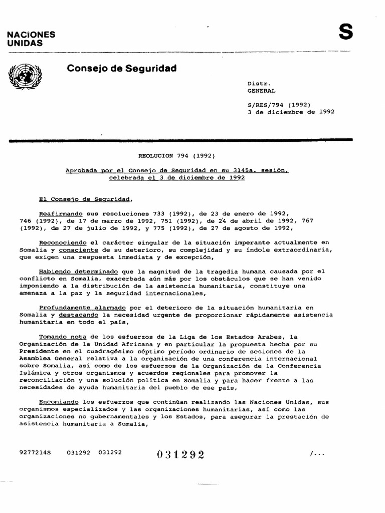 Resolución 794 (1992) (CS) | PDF | Relaciones Internacionales