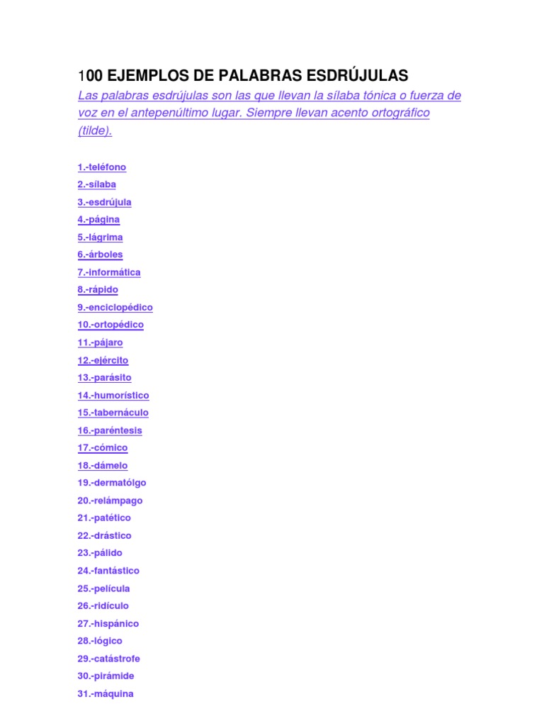 100 EJEMPLOS DE PALABRAS ESDRÚJULAS