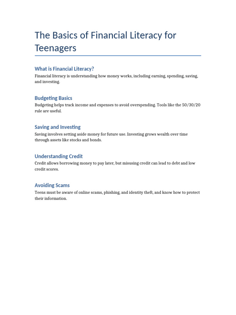 The Basics of Financial Literacy For Teenagers | PDF