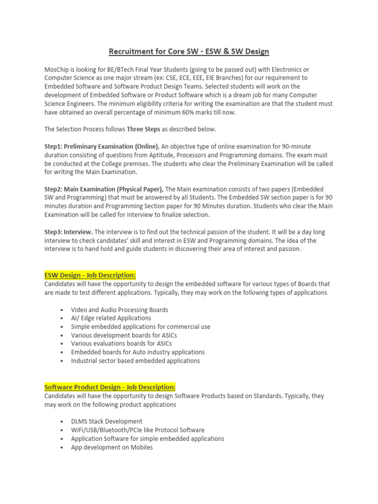 MosChip Core SW Recruitment Drive | PDF | Embedded System | Computing