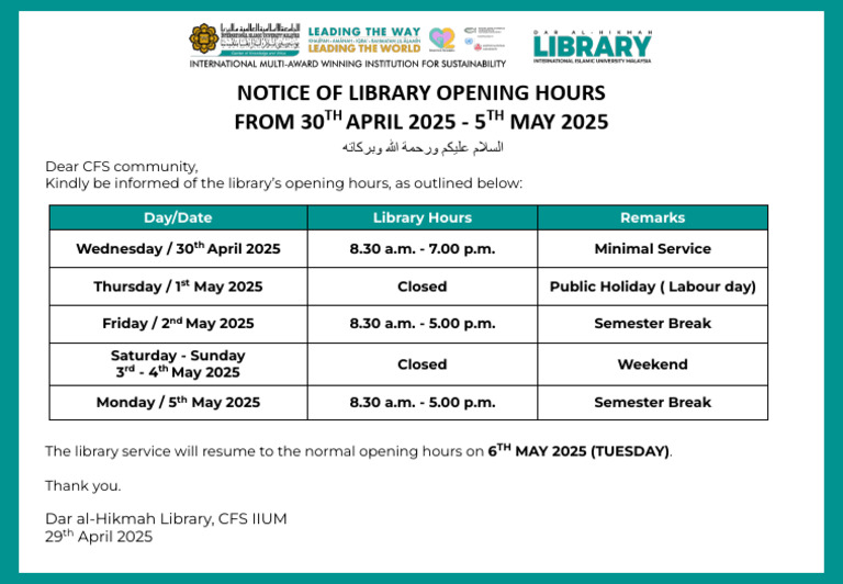 Library Notice 250429 MID SEM BREAK | PDF