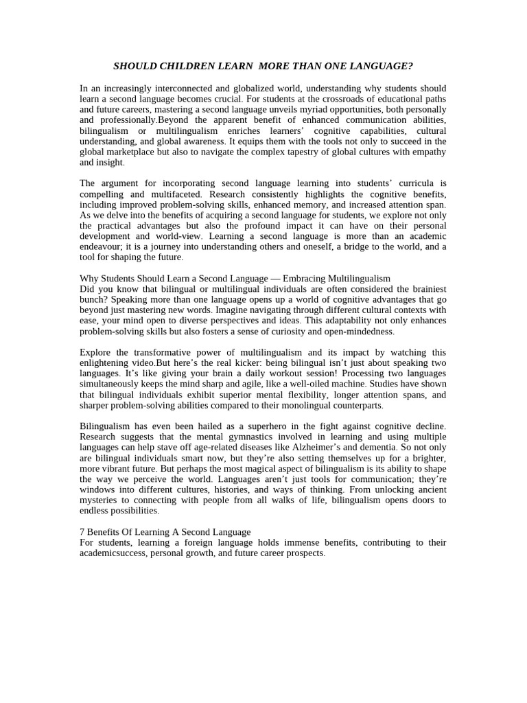 Should Children Learn More Than One Language | PDF | Multilingualism ...
