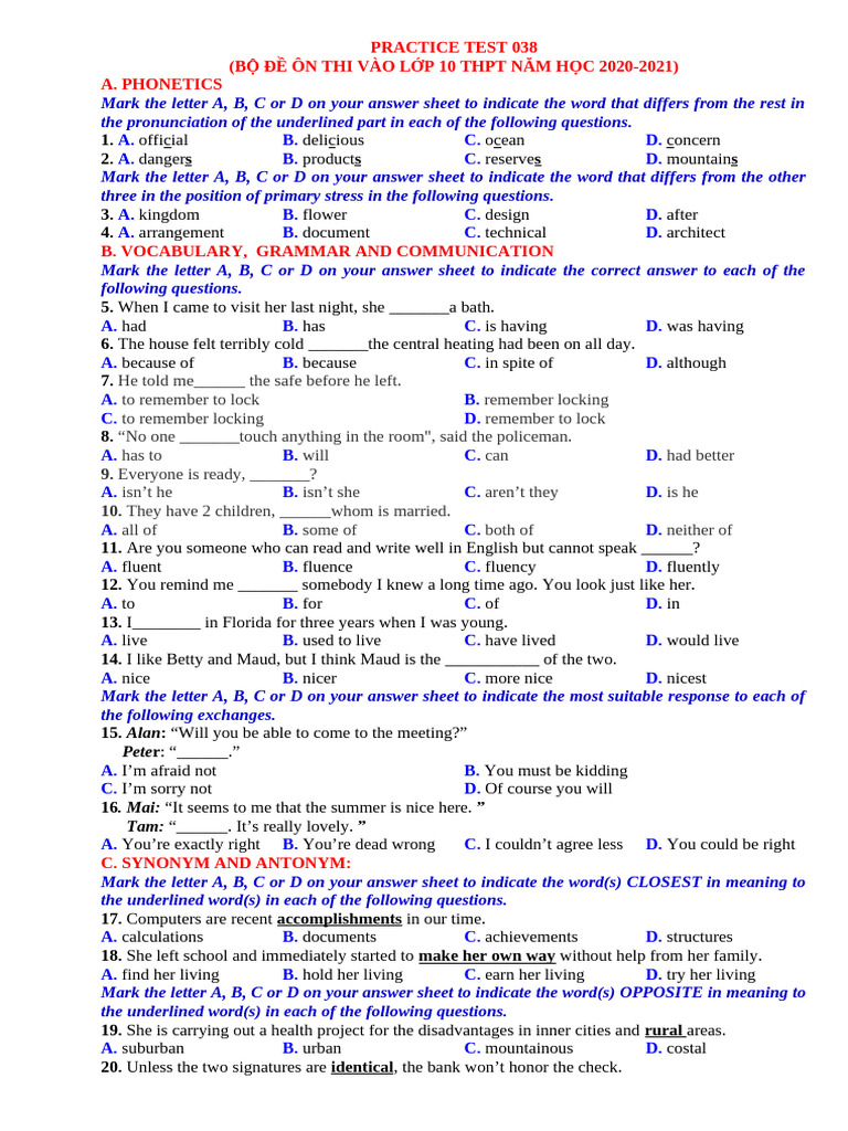 Practice Test 038.2020 | PDF | English Language | Foreign Language
