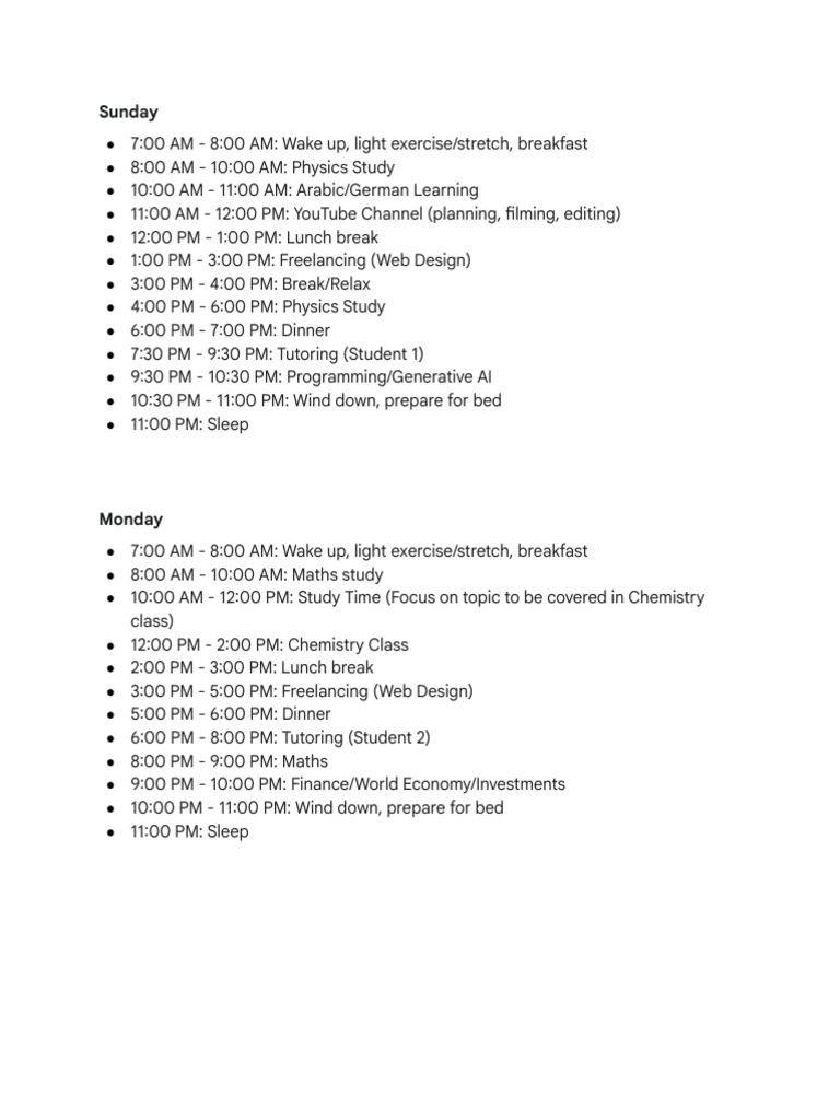 AS Level Study Routine (Sunday-Saturday) | PDF