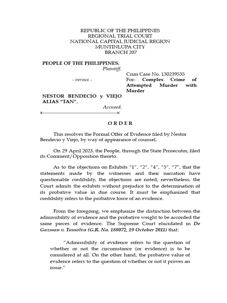 Court Order on Evidence in Murder Case | PDF | Relevance (Law ...
