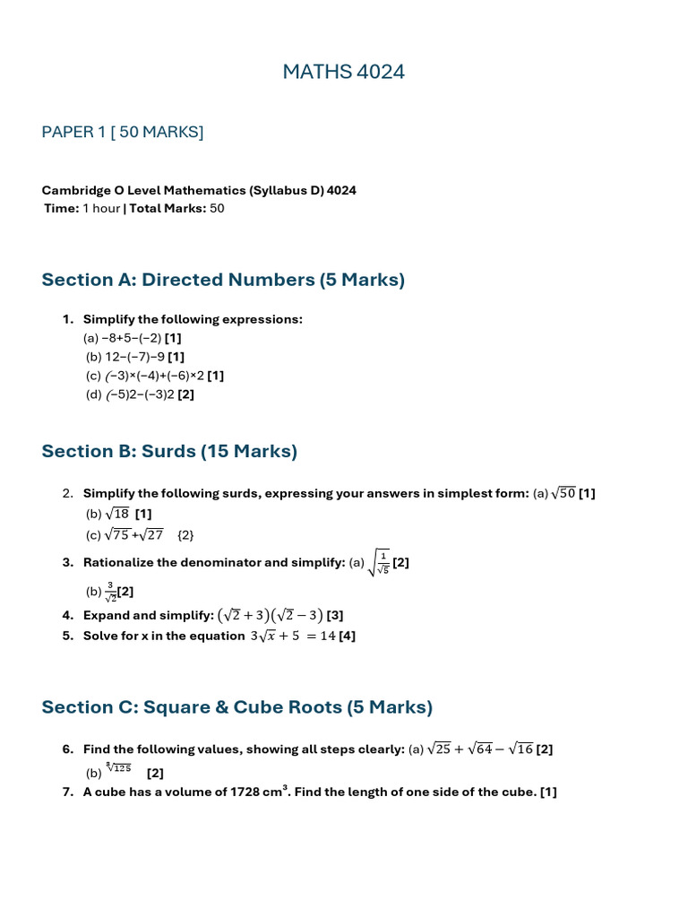 MATHS 4024: Section A: Directed Numbers (5 Marks) | PDF