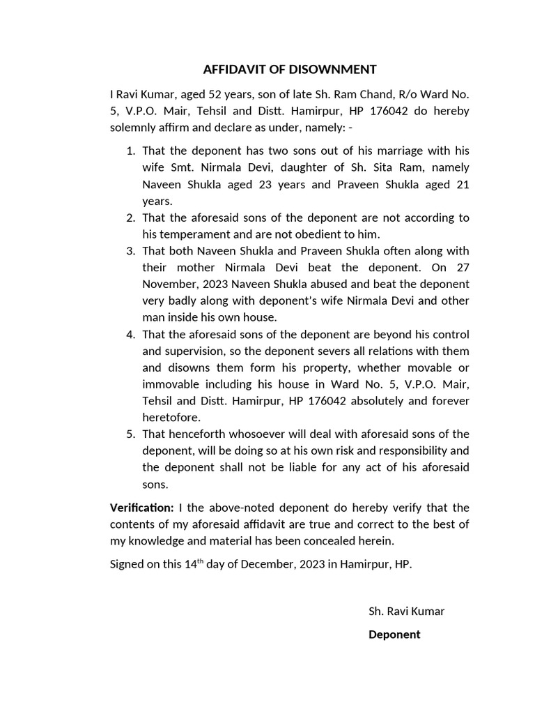 Affidavit of Disownment Ravi Kumar | PDF