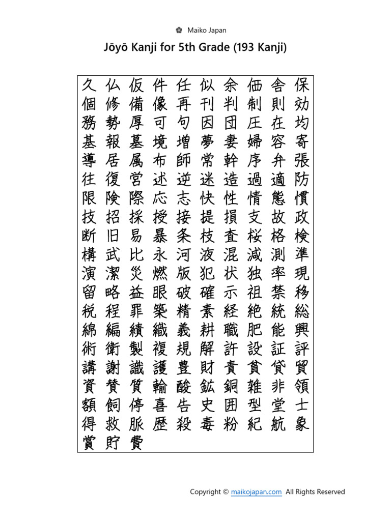 Jōyō Kanji: For 5th Grade (193 Kanji) | PDF