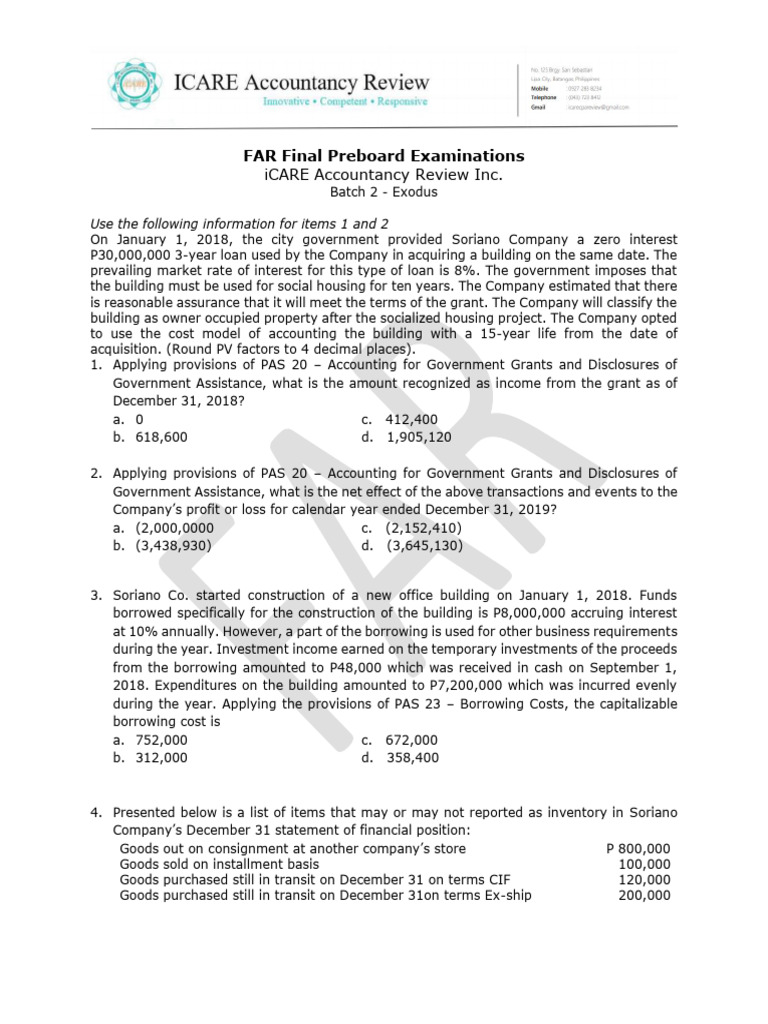 FAR Preboard Exam: Accounting Scenarios | PDF | Depreciation | Fixed Asset