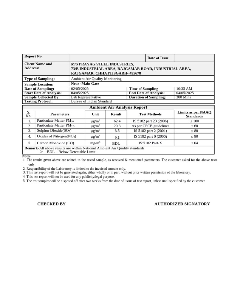 Ambient Air Quality Report for Prayag Steel | PDF | Particulates | Air ...