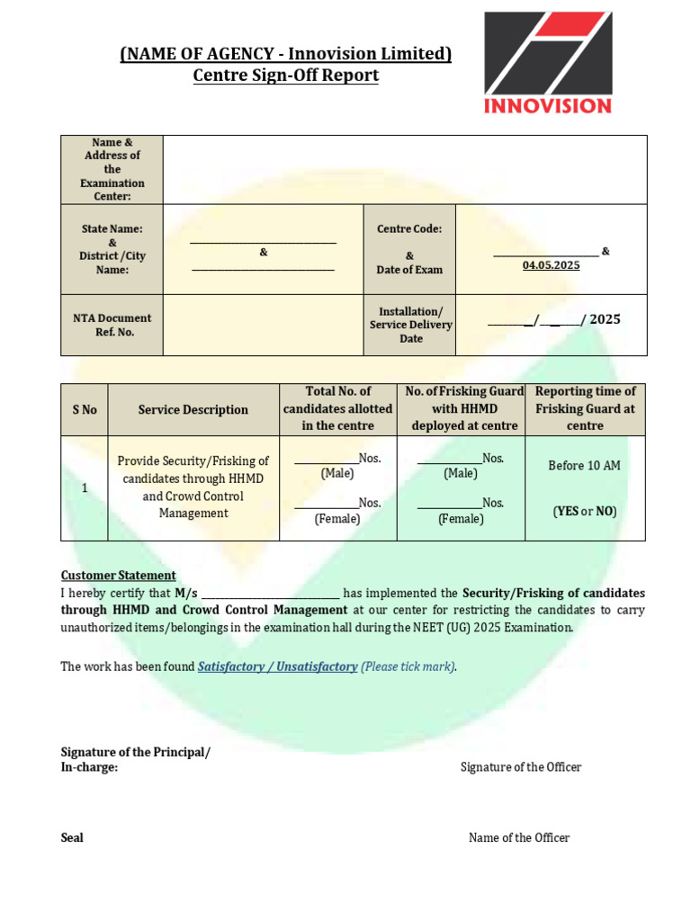 Centre Sign-Off Report for NEET 2025 | PDF