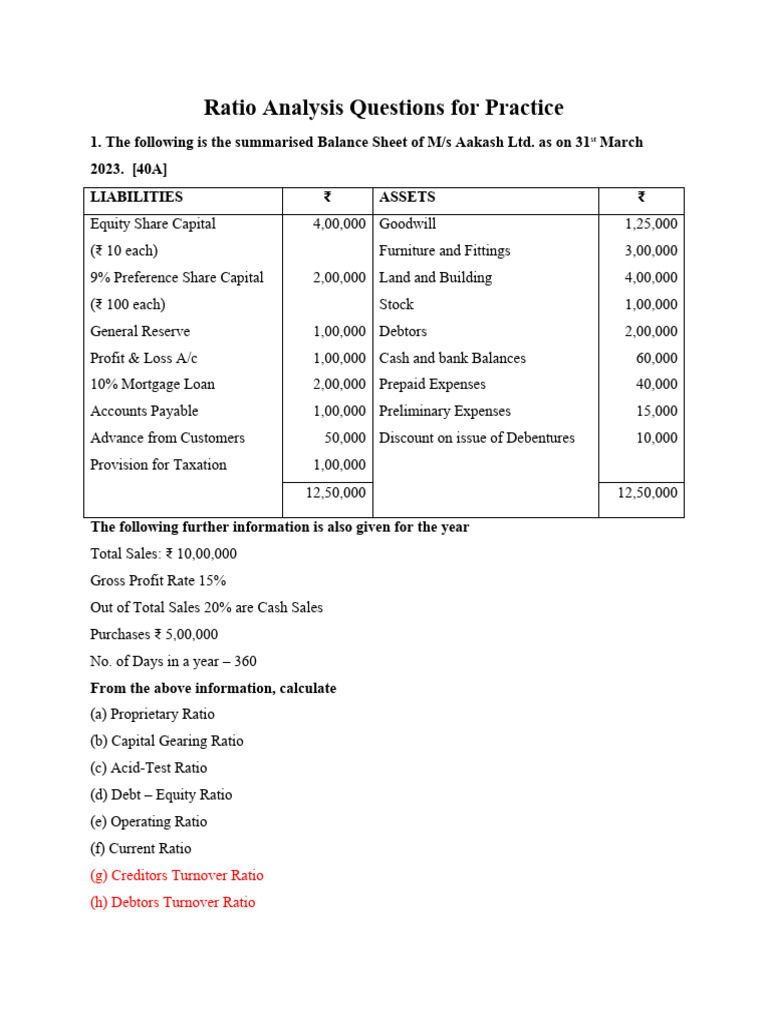 Ratio Analysis Practice Questions | PDF | Equity (Finance) | Balance Sheet