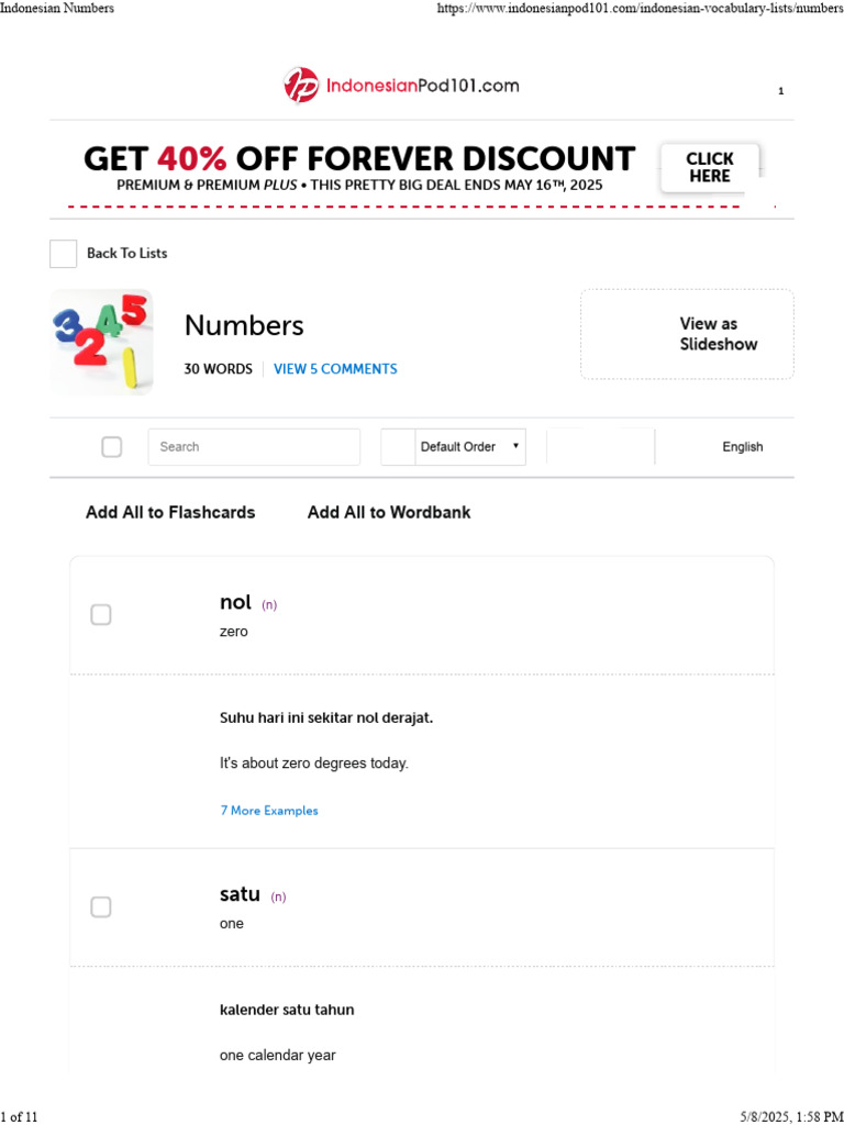Indonesian Numbers 1-100 Guide | PDF | Learning