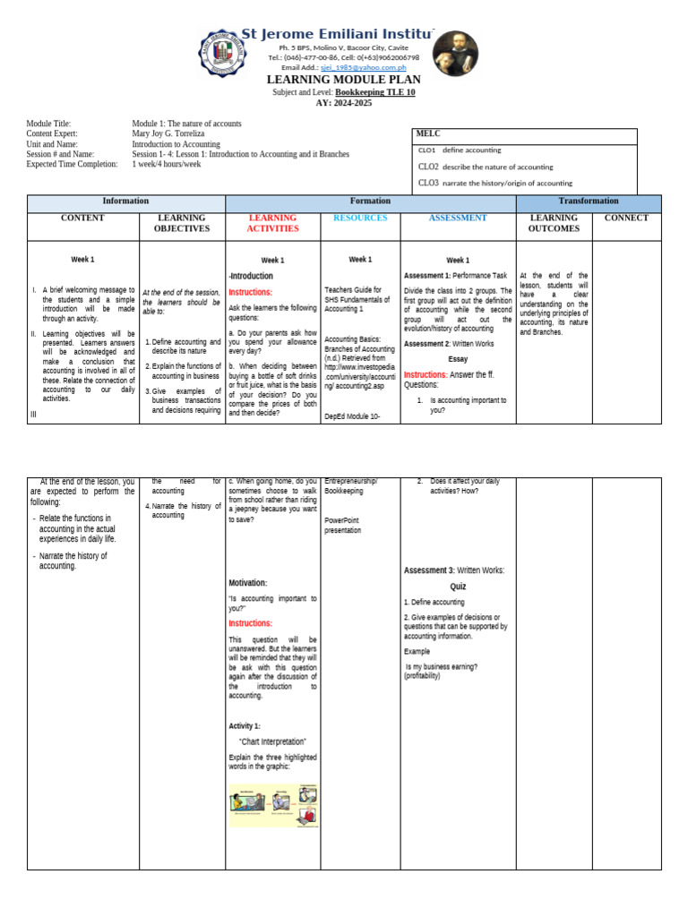 Bookkeeping Module Plan for TLE 10 | PDF | Learning | Bookkeeping