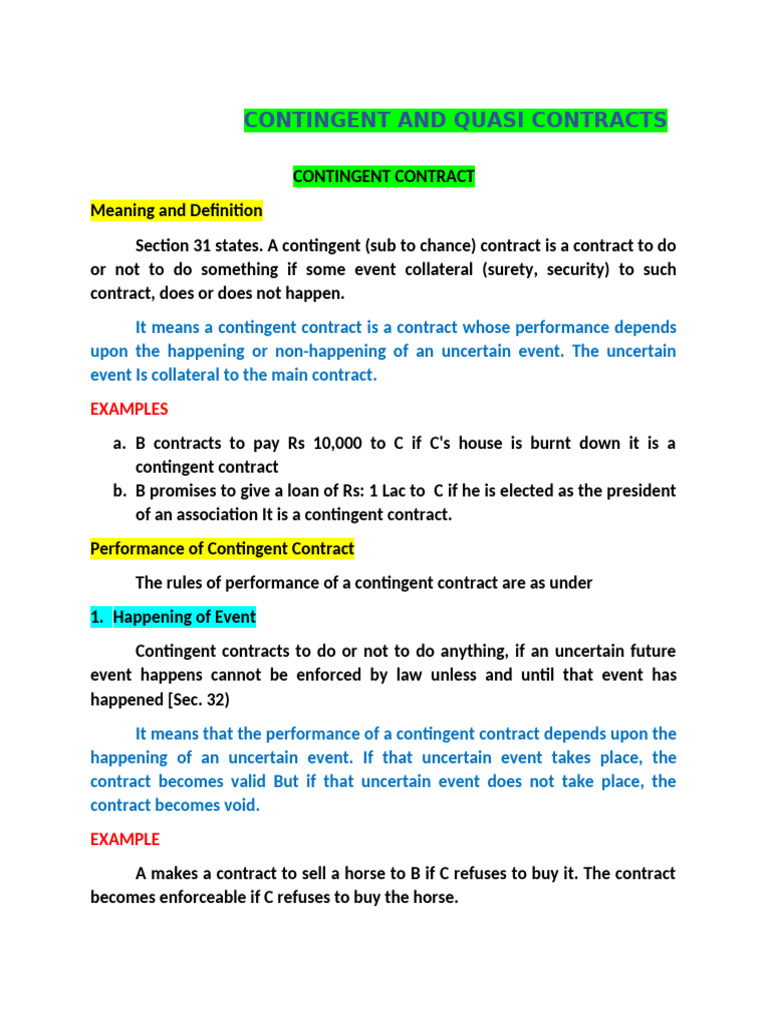 Contingent vs. Quasi Contracts Explained | PDF | Private Law | Civil ...