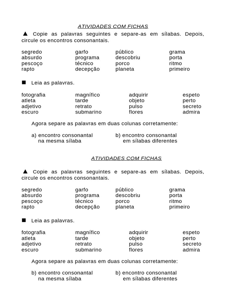 Atividades de Sílaba e Encontros Consonantais | PDF