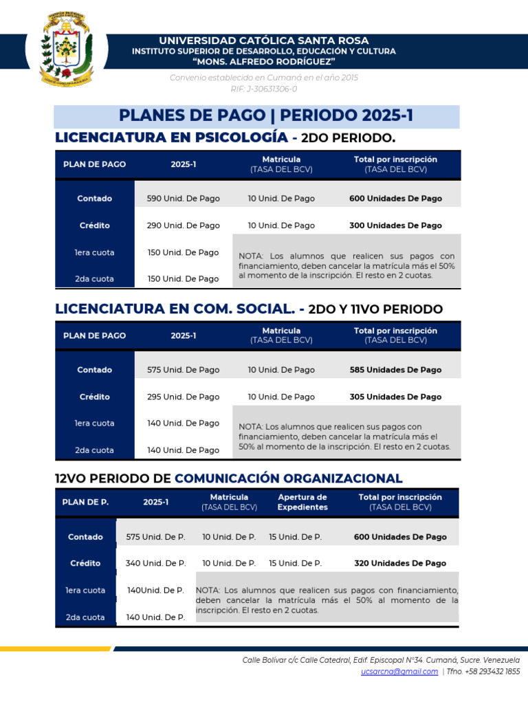 Planes de Pago 2025-1 Licenciaturas UCSR | PDF