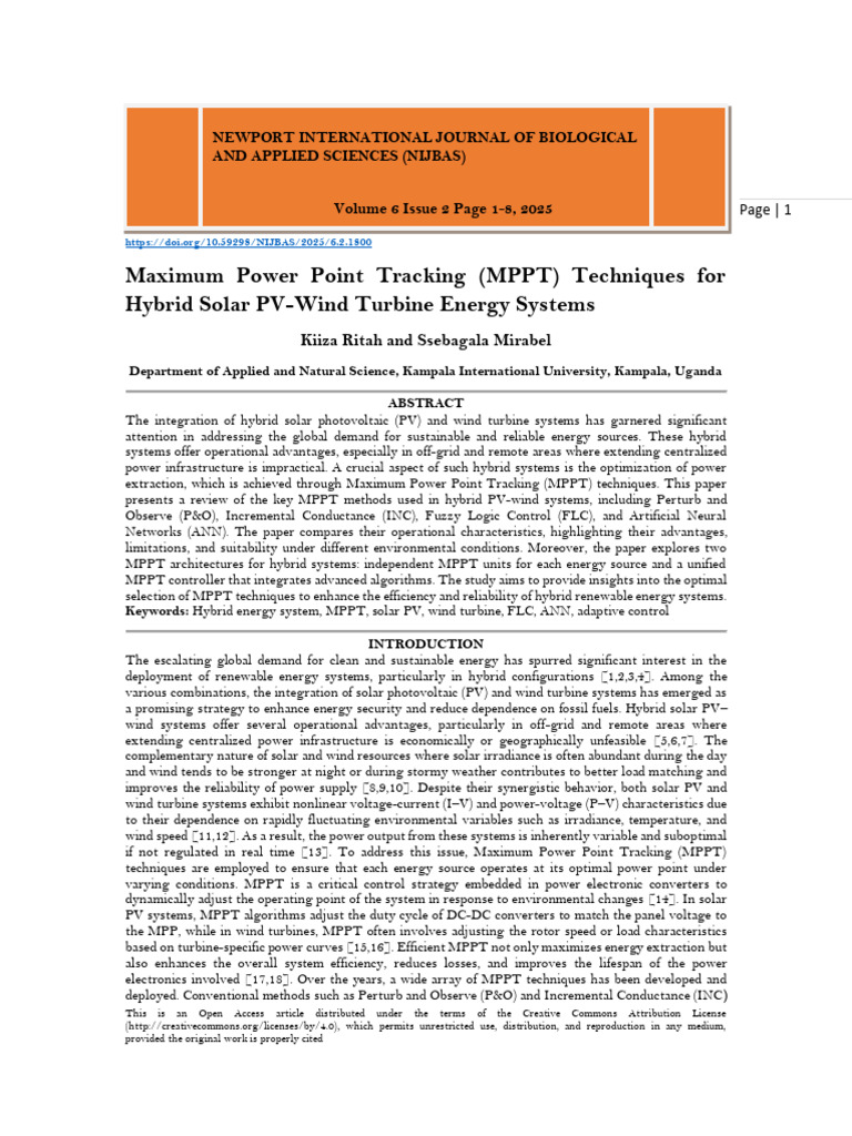 Maximum Power Point Tracking (MPPT) Techniques For Hybrid Solar PV-Wind ...