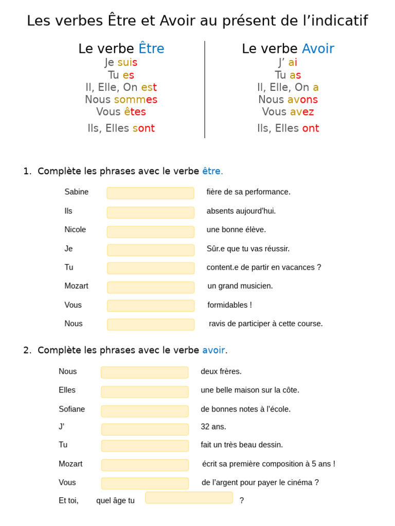 Verbes Être et Avoir au Présent | PDF | Relations syntaxiques | Unités ...