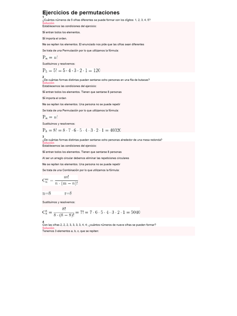 Ejercicios de Permutaciones y Combinaciones | PDF | Permutación ...