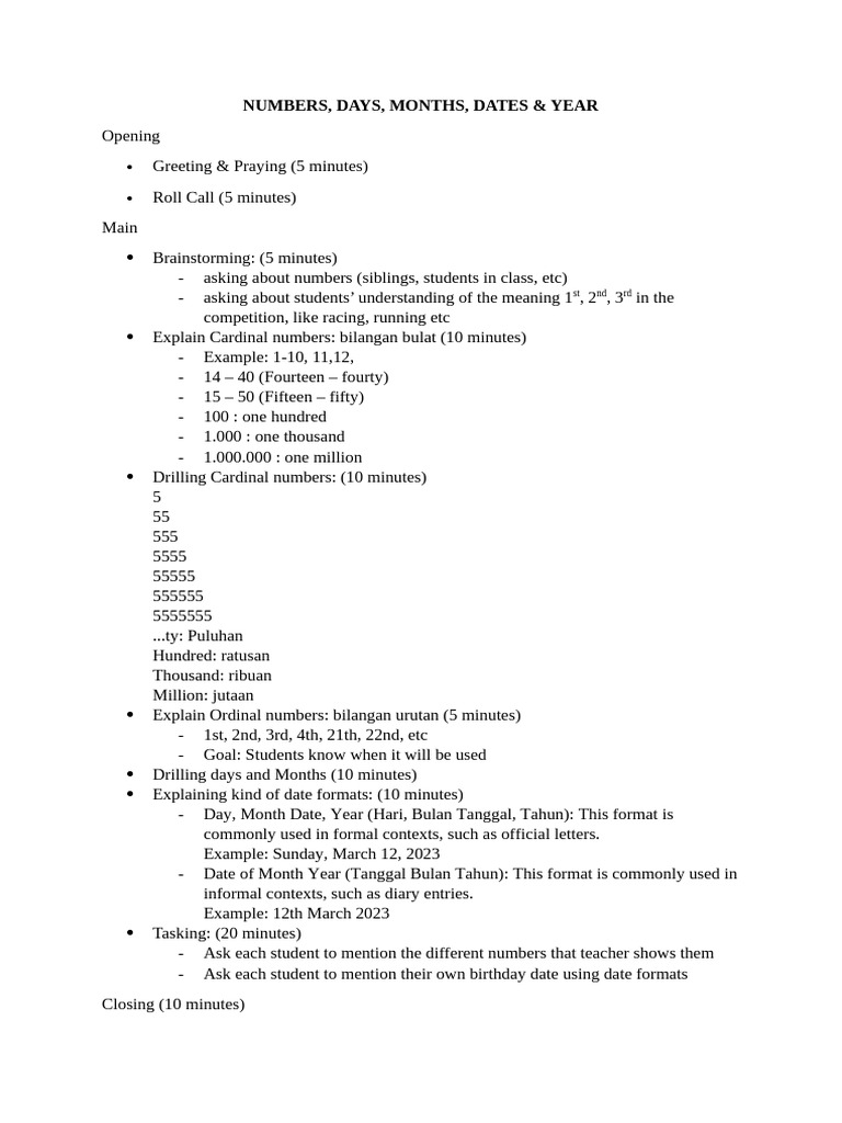 Numbers, Days, Months, Dates & Year | PDF