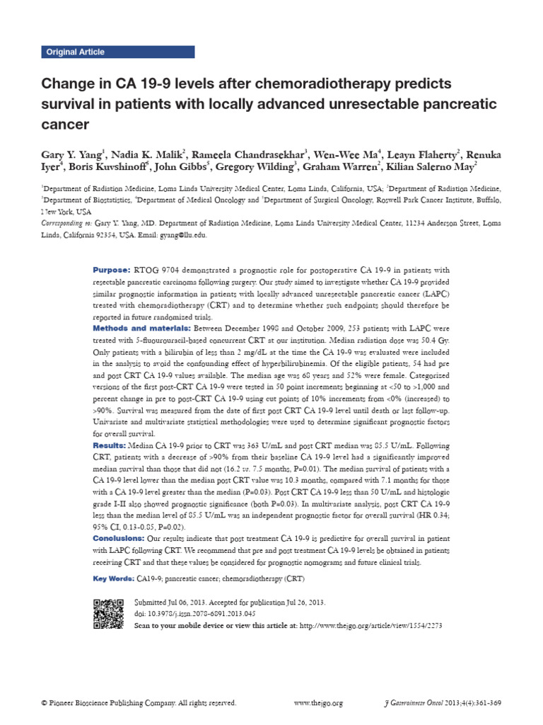Change in CA 19-9 Levels After Chemoradiotherapy Predicts | PDF ...