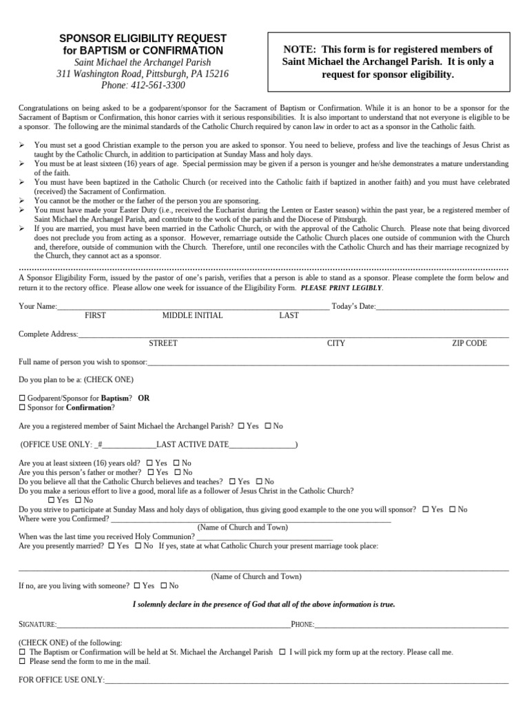 Sponsor Eligibility Request Form | PDF | Confirmation | Catholic Church