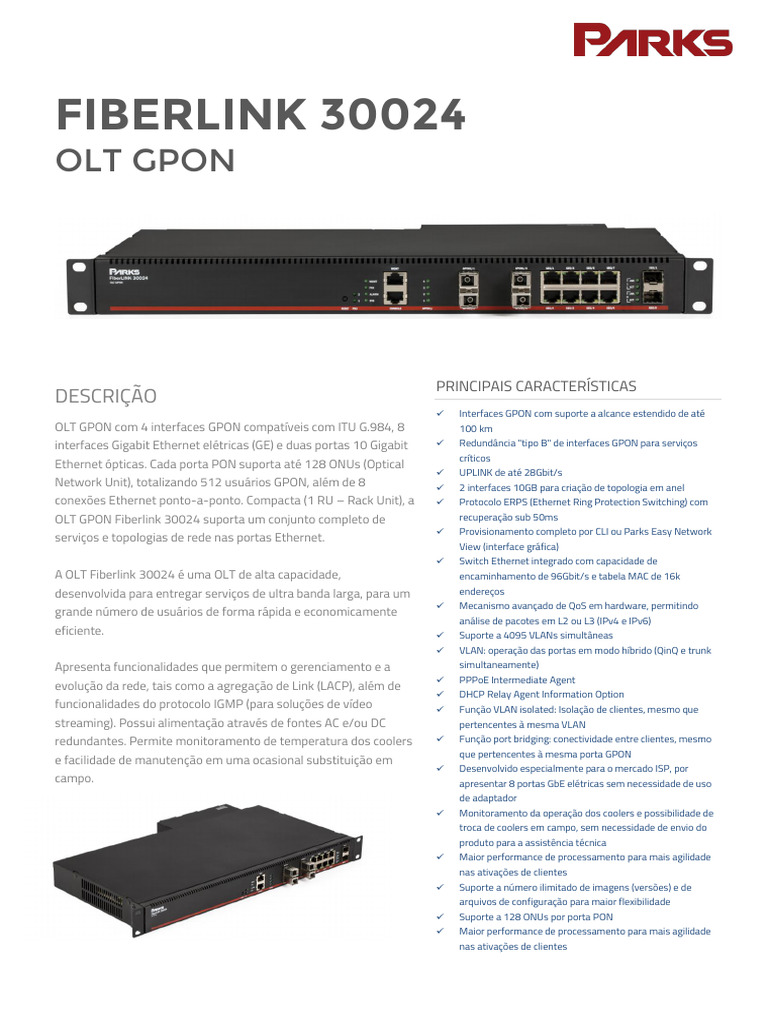 OLT GPON Fiberlink 30024: Alta Capacidade | PDF | Comutador de rede ...