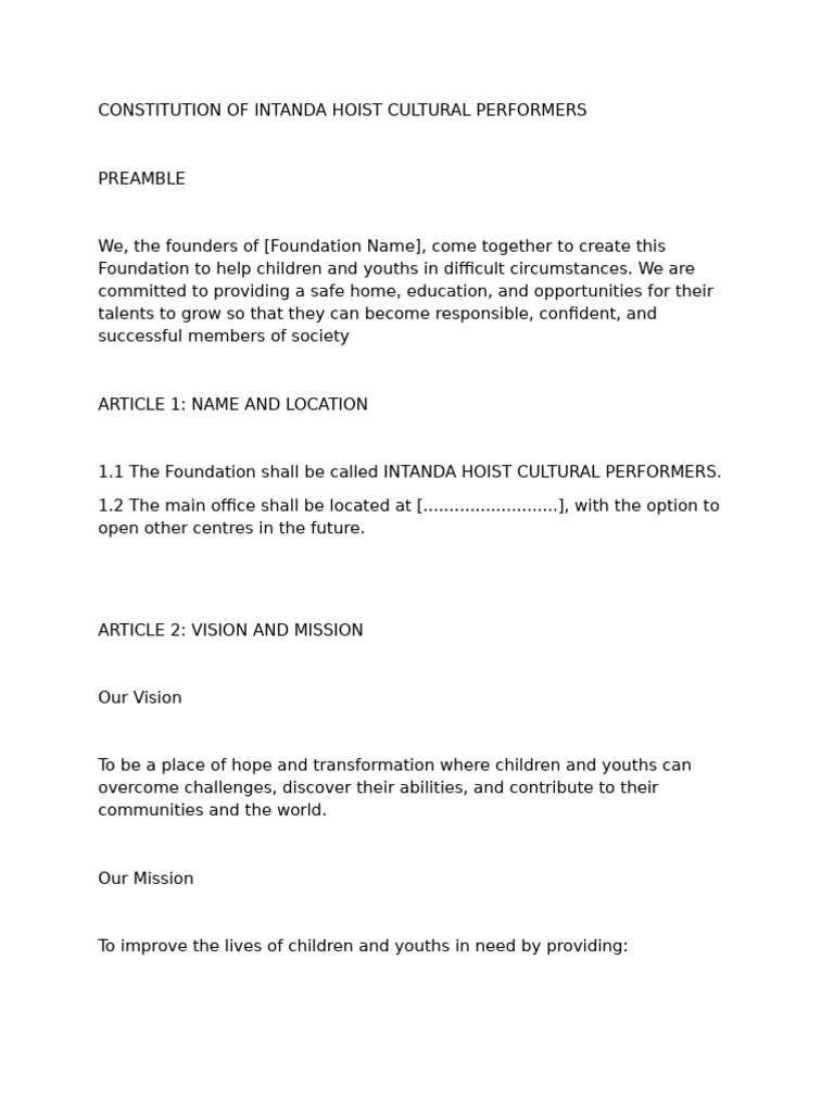 Constitution of Intanda Hoist Foundation | PDF