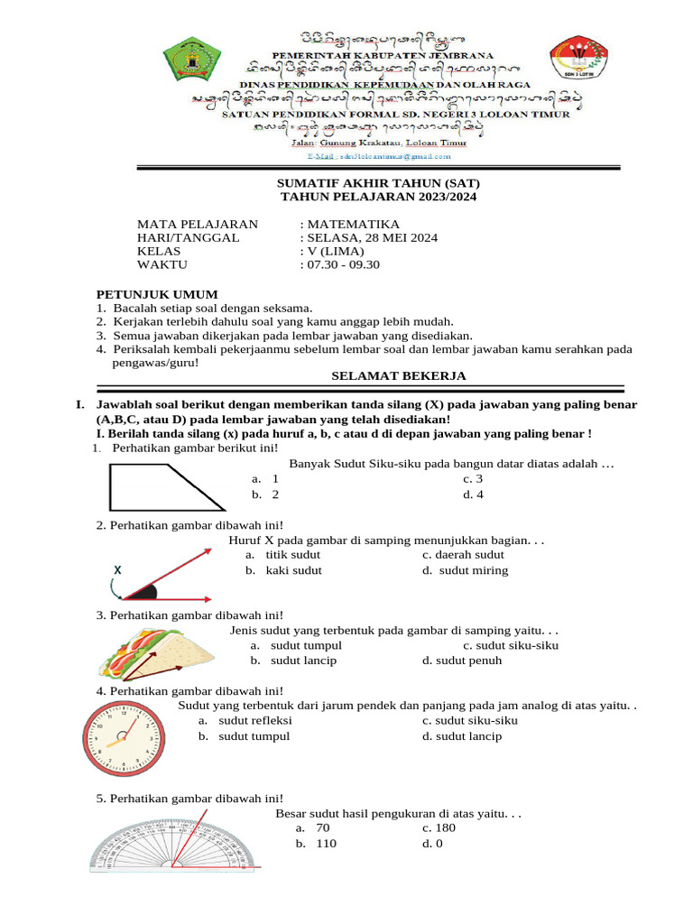 Soal SAT Matematika Kelas V 2024 | PDF