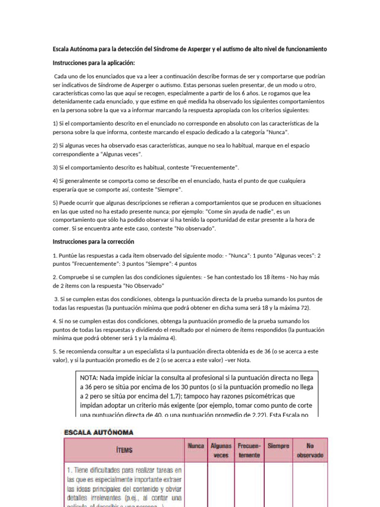 Escala para detectar Asperger y autismo | PDF | Autismo | Síndrome de ...