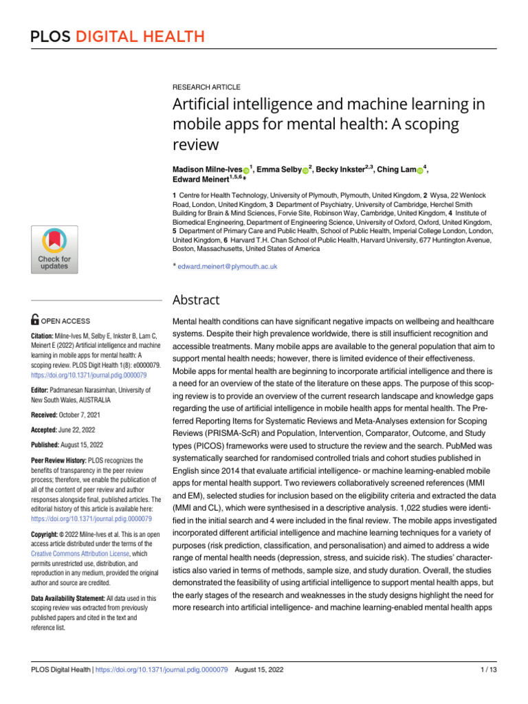 Artificial Intelligence and Machine Learning in Mobile Apps For Mental ...