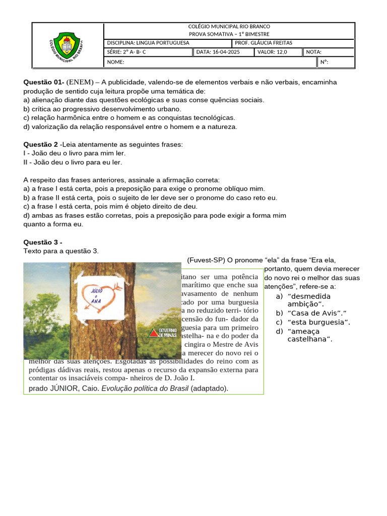 Prova de Língua Portuguesa - 2º Ano | PDF | Gramática | Pronome