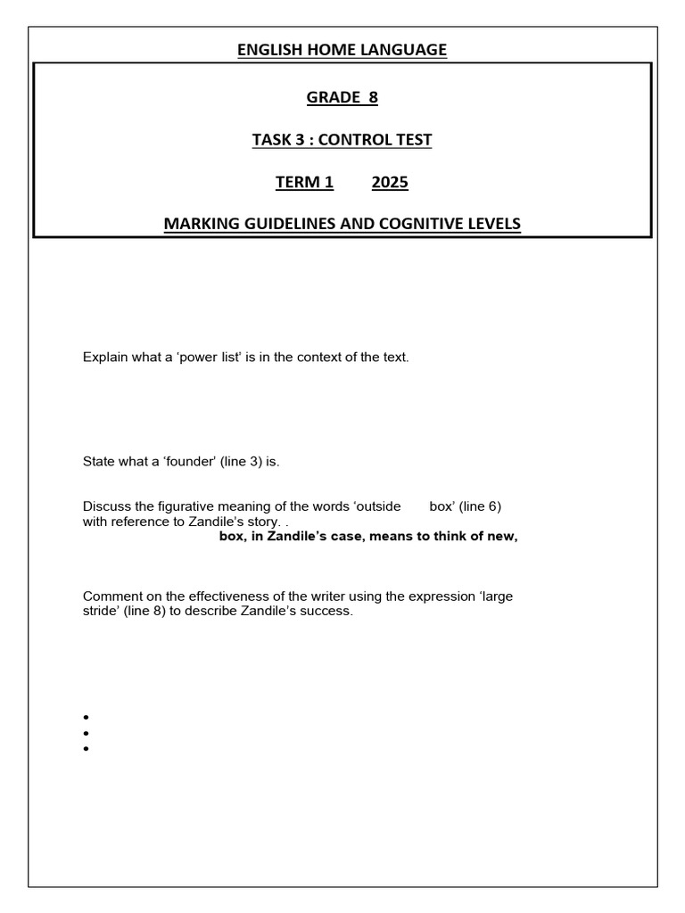 Grade 8 English Control Test Memo | PDF | Part Of Speech