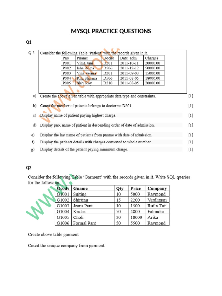 Mysql Practice Questions | PDF