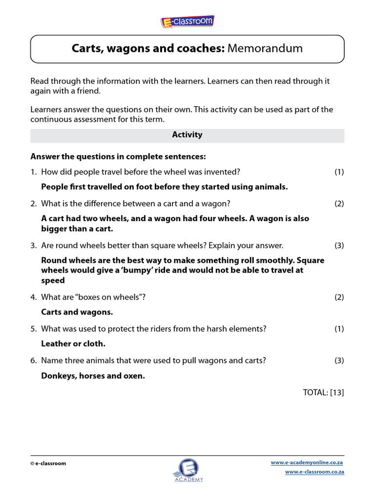 Carts and Wagons: Learning Activity Guide | PDF