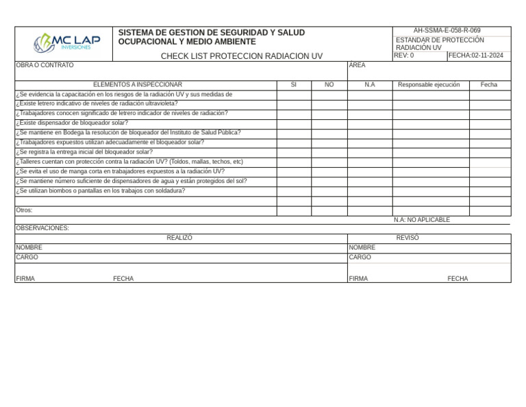 Checklist Protección Radiación UV | PDF