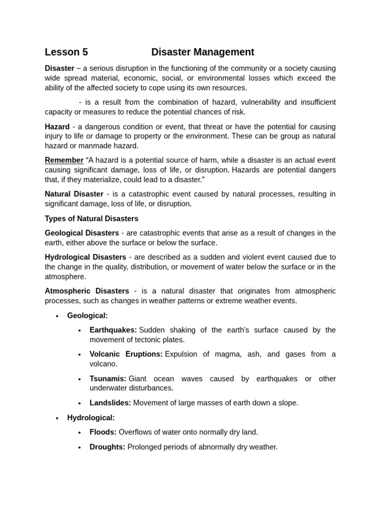 Lesson 5 Disaster Management | PDF | Natural Disasters | Disaster Risk ...