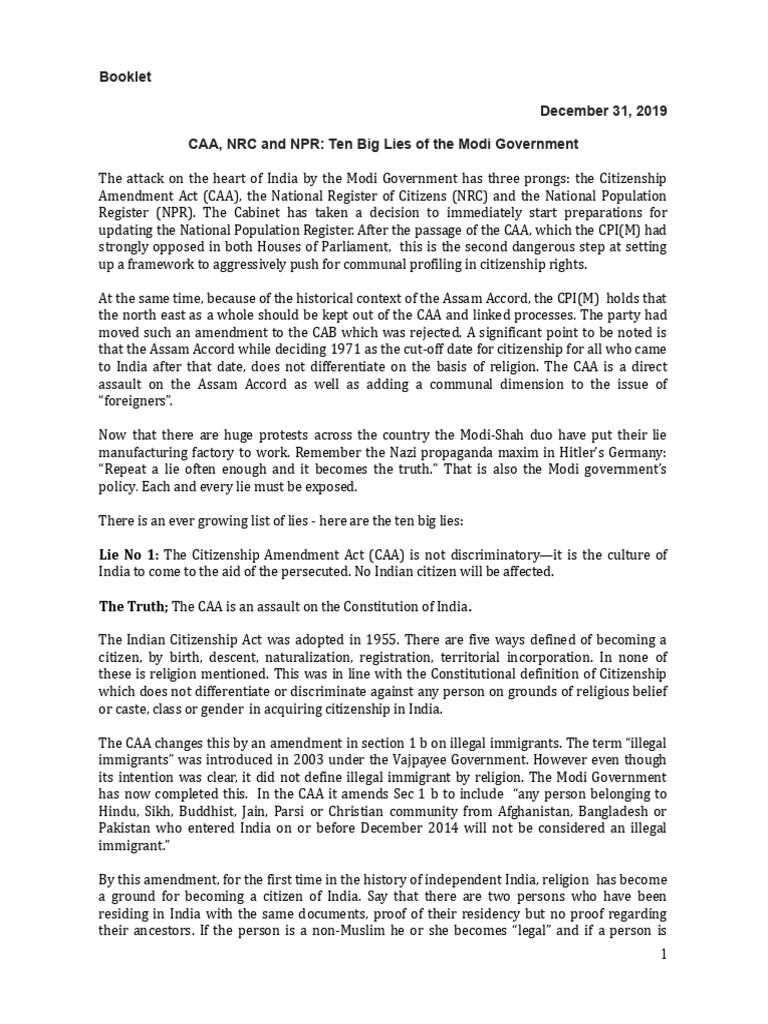 2019 Dec Caa NPR NRC Booklet | PDF | Politics Of India | Government