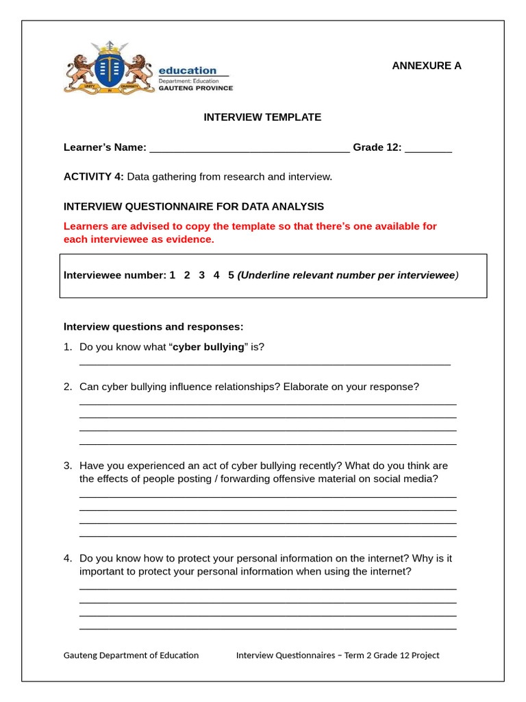 Annexure A - Interview Questionnaire GR 12 Term 2 Project | PDF