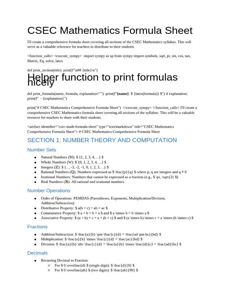  csec mathematics formula sheet i ll create a comprehensive fo pdf