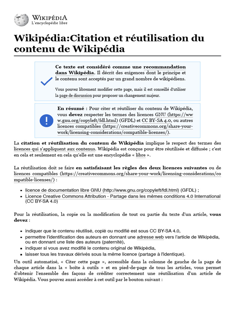 Citations et réutilisation de Wikipédia | PDF | Wikipédia | Licence ...