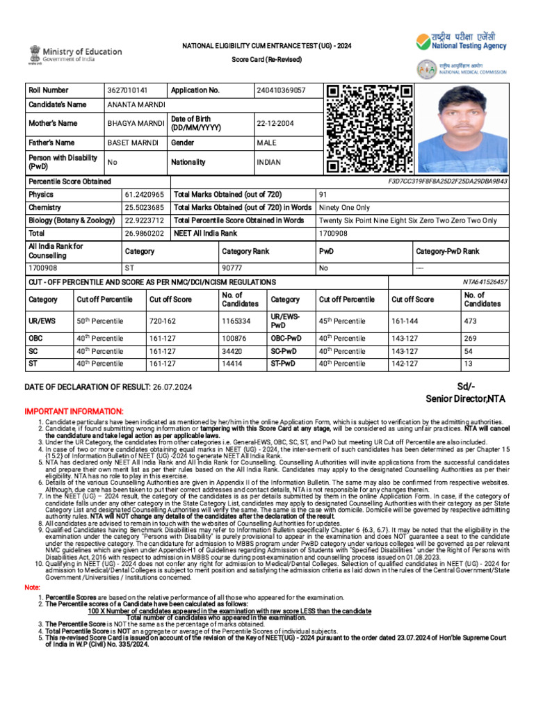 Neet.ntaonline.in Frontend Web Re-revised25july-Scorecard Score-card ...
