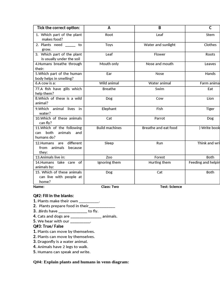 Science Test for Class Two: Plants & Animals | PDF | Foods | Biology