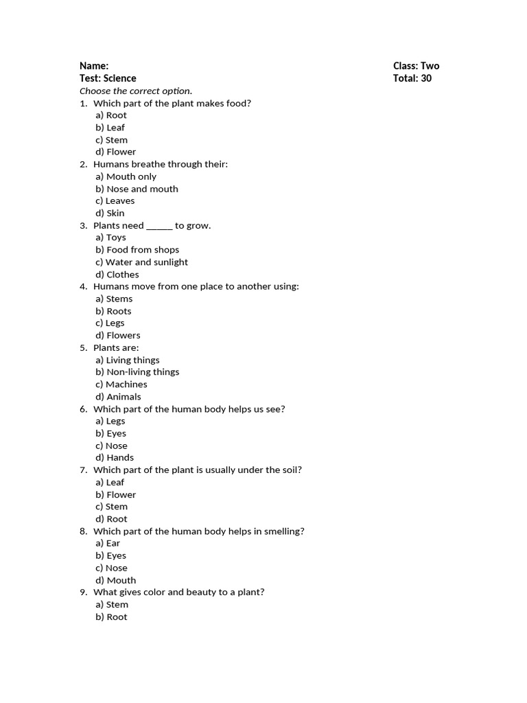 Science Test for Class Two Students | PDF